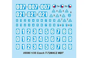 A decal sheet for a 1/35 scale Trumpeter Czech T-72M4CZ model kit, featuring various numbers, symbols, and national insignias on a light blue backing.