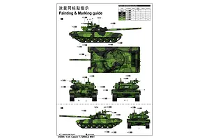 Painting and marking guide for a 1/35 scale Trumpeter Czech T-72M4CZ tank model kit, showing side, top, front, and rear views with paint color references.
