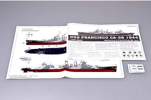 Instruction manual and decal sheet for the Trumpeter 1/350 scale USS San Francisco CA-38 1944 model kit, displayed on a plain grey background.
