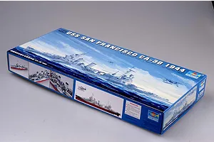 A Trumpeter 1/350 scale model kit box for the USS San Francisco CA-38 1944 heavy cruiser, featuring box art of the ship at sea.