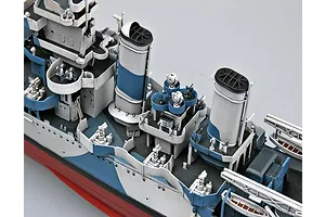 High-angle view of a 1/350 scale model of the USS San Francisco CA-38 heavy cruiser showing the midship deck, funnels, and anti-aircraft guns.