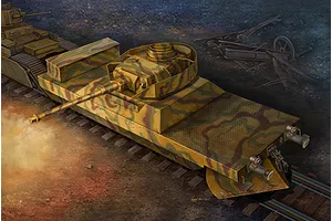 Box art illustration of a German Panzerjager armoured train car with camouflage paint, featuring a tank turret mounted on a flat rail carriage.