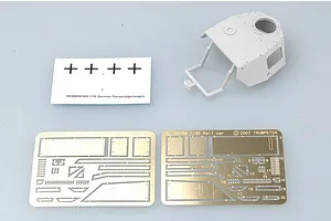 Trumpeter 1/35 scale model kit parts including a grey plastic turret shell, a decal sheet with crosses, and two photo-etched brass detail sheets.