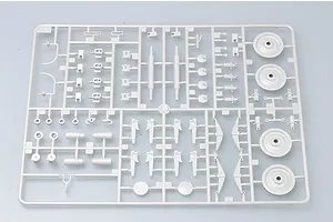 A grey plastic sprue from a Trumpeter 1/35 scale model kit containing various small mechanical parts, wheels, and suspension components.