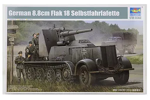 Box art for a Trumpeter 1/35 scale German 8.8cm Flak 18 Selbstfahrlafette model kit, featuring an illustration of the half-track vehicle and soldiers.