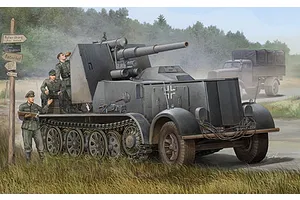 Box art illustration of a German 8.8cm Flak 18 Selbstfahrlafette half-track with soldiers standing by a road sign in a field.
