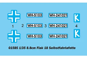 A decal sheet for a 1/35 scale Trumpeter German 8.8cm Flak 18 model kit, featuring Balkenkreuz symbols, license plates, and unit markings.
