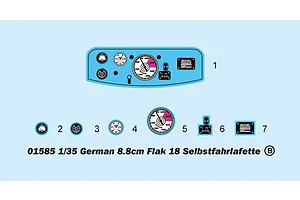A digital diagram showing decal placement for the dashboard and instrument gauges of a 1/35 scale German 8.8cm Flak 18 model kit.