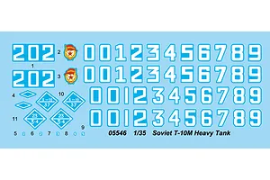 A decal sheet for the Trumpeter 1/35 Soviet T-10M Heavy Tank model kit, featuring various numbers, Soviet-style emblems, and tactical markings.
