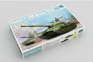 Trumpeter 1/35 scale Soviet T-10M Heavy Tank plastic model kit box showing artwork of tanks in a city setting.