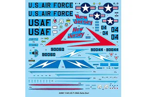A decal sheet for a 1/48 scale Trumpeter F-106A Delta Dart model kit, featuring various USAF markings, New Jersey and Florida text, and national insignia.