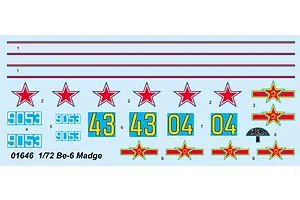 A decal sheet for the Trumpeter 1/72 Be-6 Madge model kit, featuring red stars, yellow numbers, and other military markings on a light blue background.