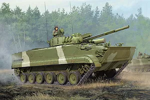 An artistic illustration of a Russian BMP-3 infantry fighting vehicle moving through a forest landscape.