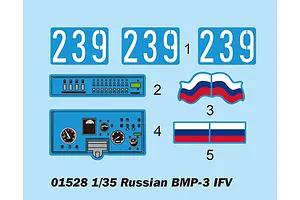 A digital decal sheet for a 1/35 scale Trumpeter Russian BMP-3 model kit, featuring vehicle numbers, instrument panels, and Russian flag decals.