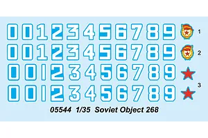 A decal sheet for the Trumpeter 1/35 Soviet Object 268 model kit, featuring rows of numbers, Soviet guard emblems, and red stars on a light blue background.