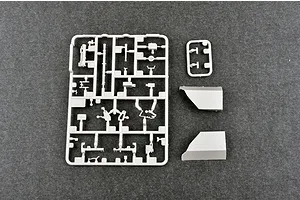 A grey plastic model kit sprue and two separate panel pieces for the Trumpeter 1/35 Soviet Object 268 tank destroyer model.
