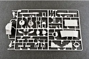 A grey plastic sprue containing various model tank parts for a 1/35 scale Soviet Object 268 prototype tank destroyer kit.