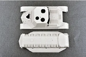 Top-down view of unpainted plastic model tank parts for the Trumpeter Object 268 prototype, showing the upper hull and lower chassis.