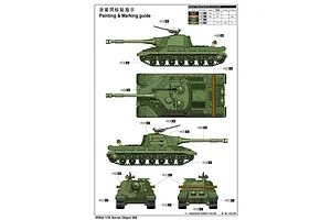 Painting and marking guide for the Trumpeter 1/35 scale Soviet Object 268 prototype tank destroyer model kit, showing side, top, front, and rear views.