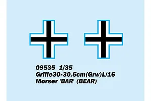 Two German Balkenkreuz decals on a light blue background, with product text below for the Trumpeter 1/35 Grille 30.5cm Morser model kit.