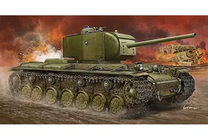 Box art illustration of a Russian KV-220 tank moving across a battlefield with a burning tank in the background.