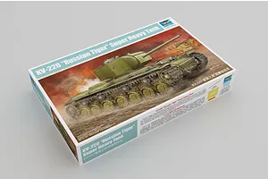 Trumpeter 1/35 scale KV-220 Russian Tiger Super Heavy Tank plastic model kit box showing artwork of the tank in a battlefield setting.