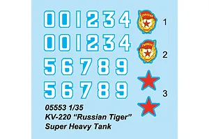 A decal sheet for a 1/35 scale Trumpeter KV-220 Russian Tiger tank model, featuring numbers 0-9, two Soviet Guard emblems, and two red stars.