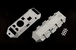 Unassembled grey plastic model kit parts for a BTR-60PB armoured vehicle, including the upper and lower hull sections.