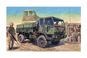 Box art illustration of a Trumpeter 1/35 scale M1078 military cargo truck with soldiers in a desert base setting.