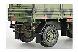 A close-up view of the rear section of a painted 1/35 scale M1078 military cargo truck model kit with camouflage paint.