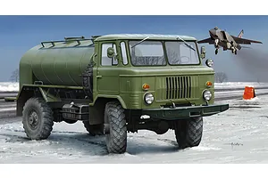 Box art illustration of a green Russian GAZ-66 oil tanker truck parked on a snowy airfield with a fighter jet flying in the background.