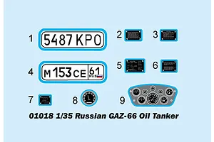 A digital sheet of waterslide decals for a 1/35 scale Trumpeter Russian GAZ-66 model kit, featuring license plates, dashboard gauges, and data plates.