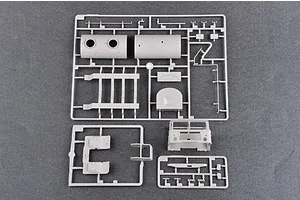 Grey plastic model kit sprues for a 1/35 scale Russian GAZ-66 truck, showing tank sections, chassis parts, and cabin components.