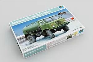 A Trumpeter 1/35 scale model kit box for a Russian GAZ-66 Oil Tanker truck, featuring box art of the vehicle in a snowy landscape.