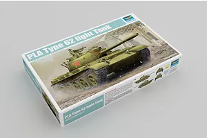 Trumpeter 1/35 scale PLA Type 62 light tank plastic model kit box, featuring artwork of the tank in a battlefield setting.