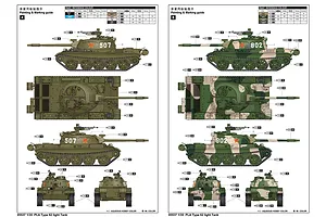 Painting and marking guide for a 1/35 scale PLA Type 62 light tank model kit, showing two camouflage schemes with side, top, front, and rear views.