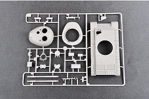 A grey plastic sprue from a 1/35 scale model kit containing tank parts including the turret, hull, and gun barrel.