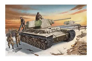 Box art illustration for a Trumpeter 1/35 scale KV-1 tank model kit showing a Russian tank in a snowy field with soldiers loading ammunition.