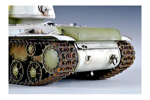 Close-up of the rear section of a 1/35 scale KV-1 tank model, showing weathered tracks, olive green and white camouflage paint, and detailed suspension components.