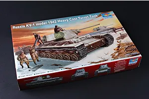 Trumpeter 1/35 scale Russian KV-1 model 1942 heavy cast turret tank plastic model kit box art showing a tank in a snowy landscape.