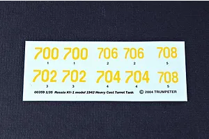 A decal sheet for a 1/35 scale Trumpeter Russian KV-1 tank model kit, featuring yellow identification numbers on a white backing.