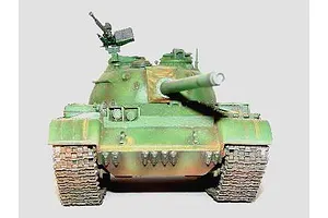 A front-facing view of a 1/35 scale model of a Russian T-54A tank, painted in green camouflage with weathered details.