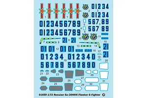 A decal sheet for the Trumpeter 1/72 Russian Su-30MKK Flanker G model kit, featuring various numbers, insignias, and markings on a light blue backing.