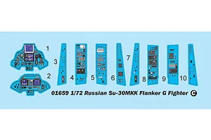 A diagram showing decal placement for the cockpit instrument panels and side consoles of a 1/72 scale Trumpeter Russian Su-30MKK Flanker G model kit.