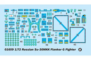 A decal sheet for a 1/72 scale Trumpeter Russian Su-30MKK Flanker G model kit, featuring various numbered markings, warning signs, and insignia.