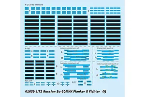 A decal sheet for the Trumpeter 1/72 Russian Su-30MKK Flanker G model kit, featuring various missile markings and launch rail labels.