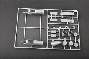A grey plastic sprue containing model aircraft parts for a Trumpeter 1/72 scale Su-30MKK kit, including fuselage sections and engine nozzles.