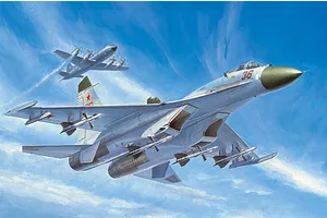 Box art illustration of a Su-27 fighter jet flying in formation with a propeller aircraft against a blue sky.