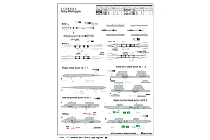 A technical painting and marking guide for a Trumpeter 1/72 scale Su-27 model kit, showing missile and launch rail assembly diagrams.