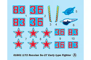 A decal sheet for a 1/72 scale Trumpeter Su-27 Early Type model kit featuring red stars, identification numbers, and insignia.